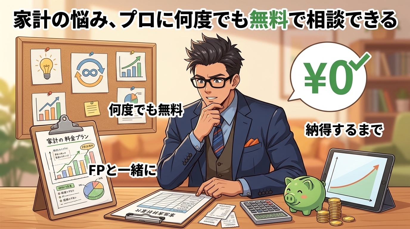 お金の不安、ゼロへについて何度でも無料やFPと一緒にや納得するまでなどの要素を描いたイラスト