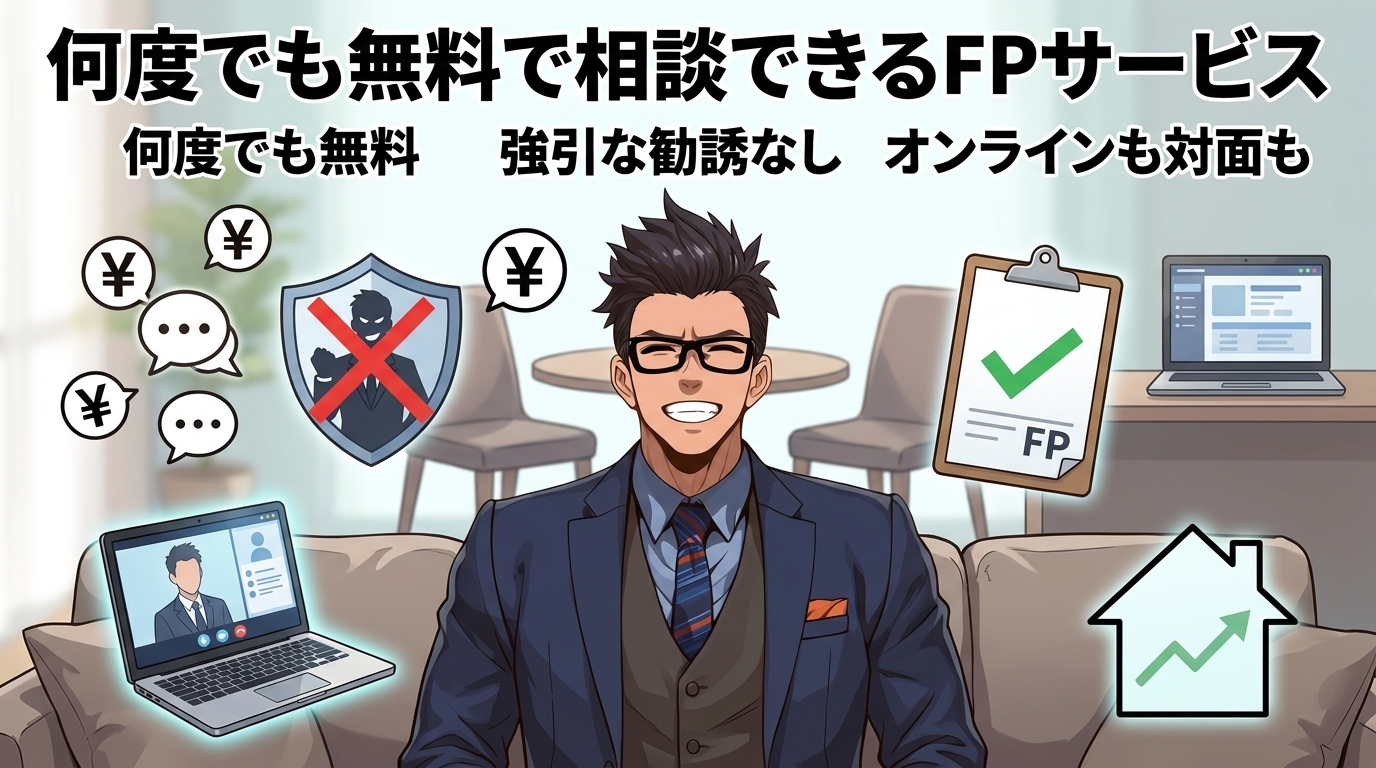 お金の不安、話すだけでも変わるについて何度でも無料や強引な勧誘なしやオンラインも対面もなどの要素を描いたイラスト