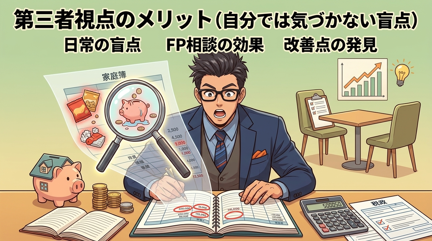 あなたの家計、プロが見れば数分で変わるについて日常の盲点やFP相談の効果や改善点の発見などの要素を描いたイラスト