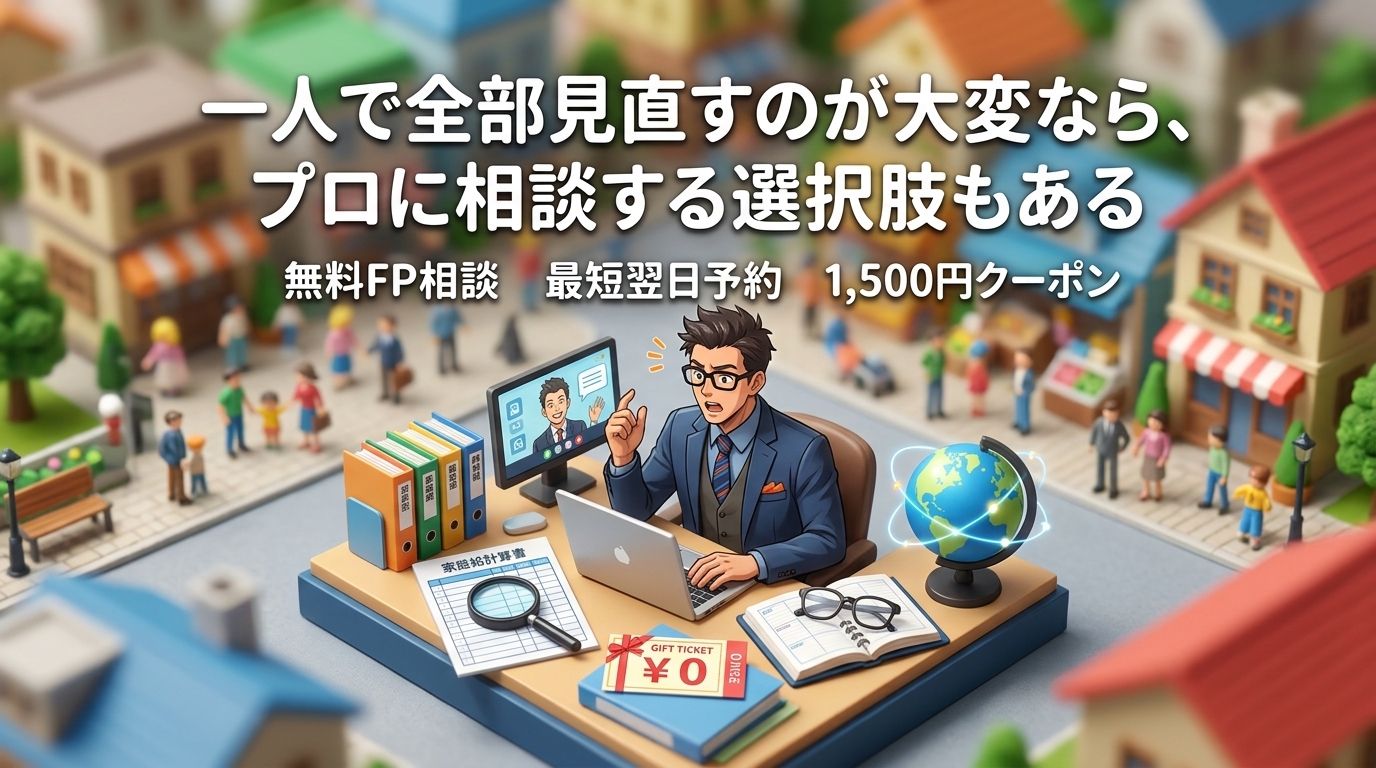 第三者の目が要るについて無料FP相談や最短翌日予約や1,500円クーポンなどの要素を描いたイラスト