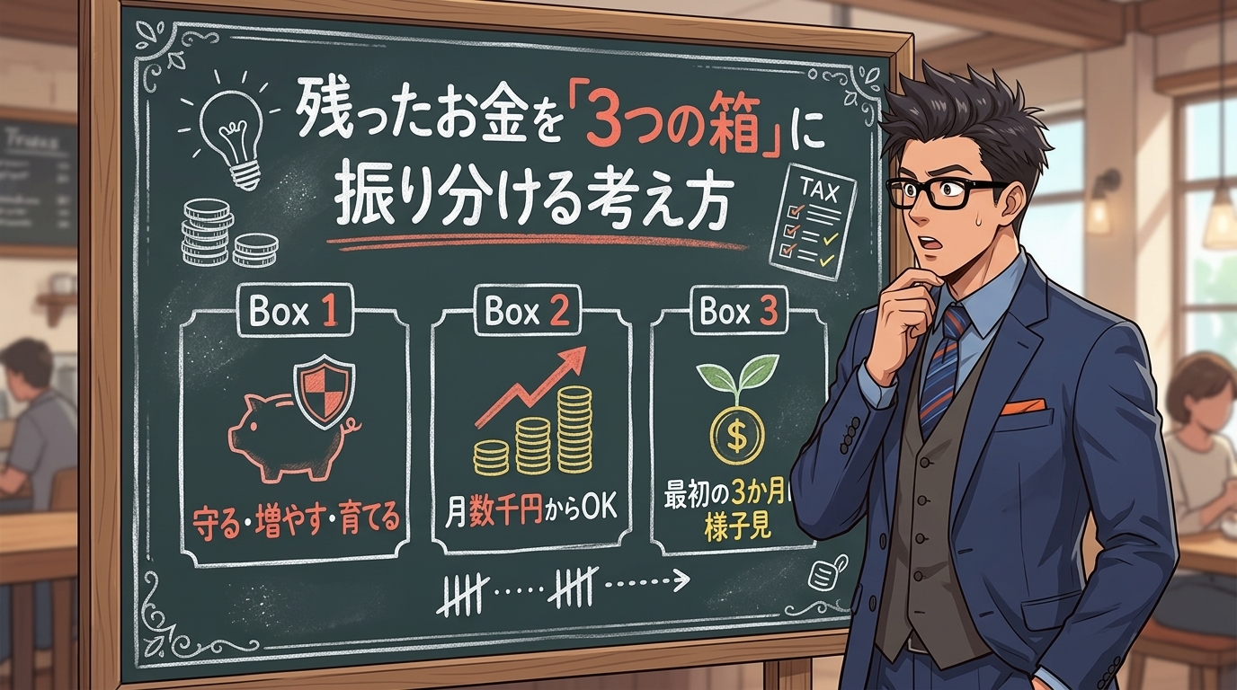 お金の届け先について守る・増やす・育てるや月数千円からOKや最初の3か月は様子見などの要素を描いたイラスト