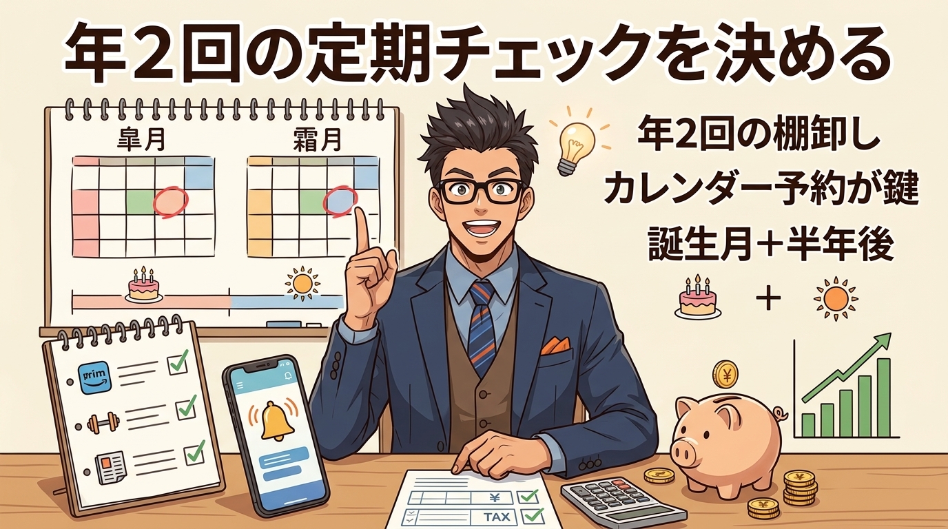 忘れた頃にお金が消える?について年2回の棚卸しやカレンダー予約が鍵や誕生月+半年後などの要素を描いたイラスト