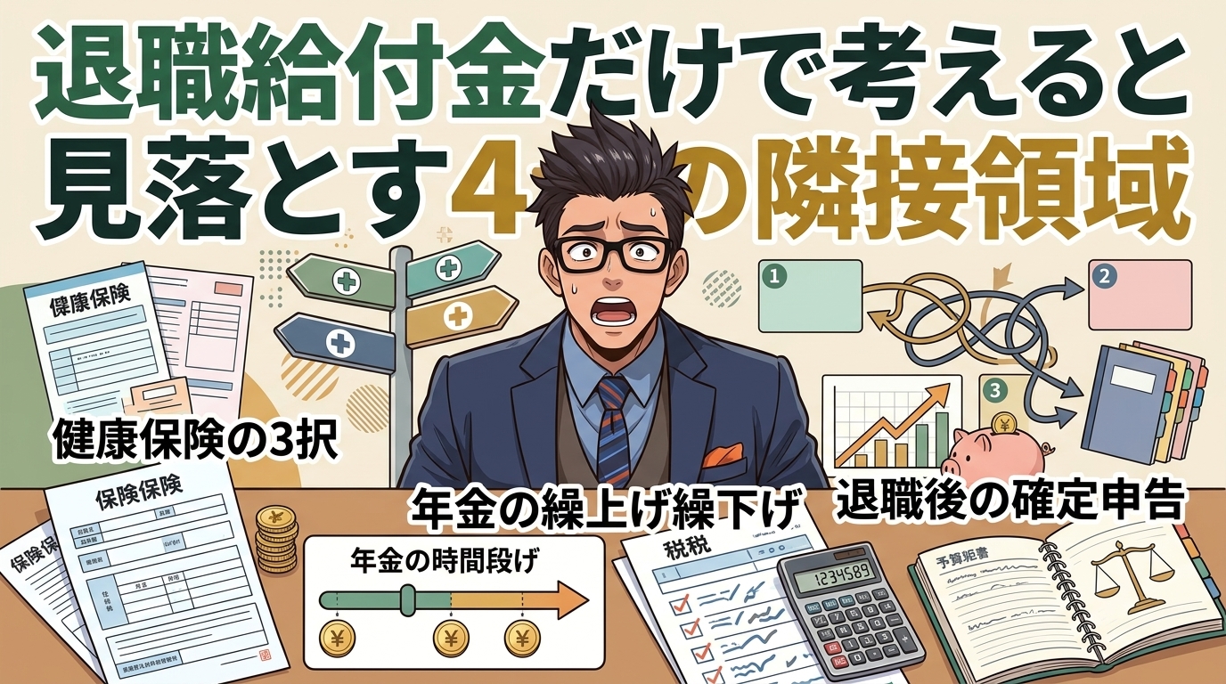 給付金だけじゃ足りないについて健康保険の3択や年金の繰上げ繰下げや退職後の確定申告などの要素を描いたイラスト