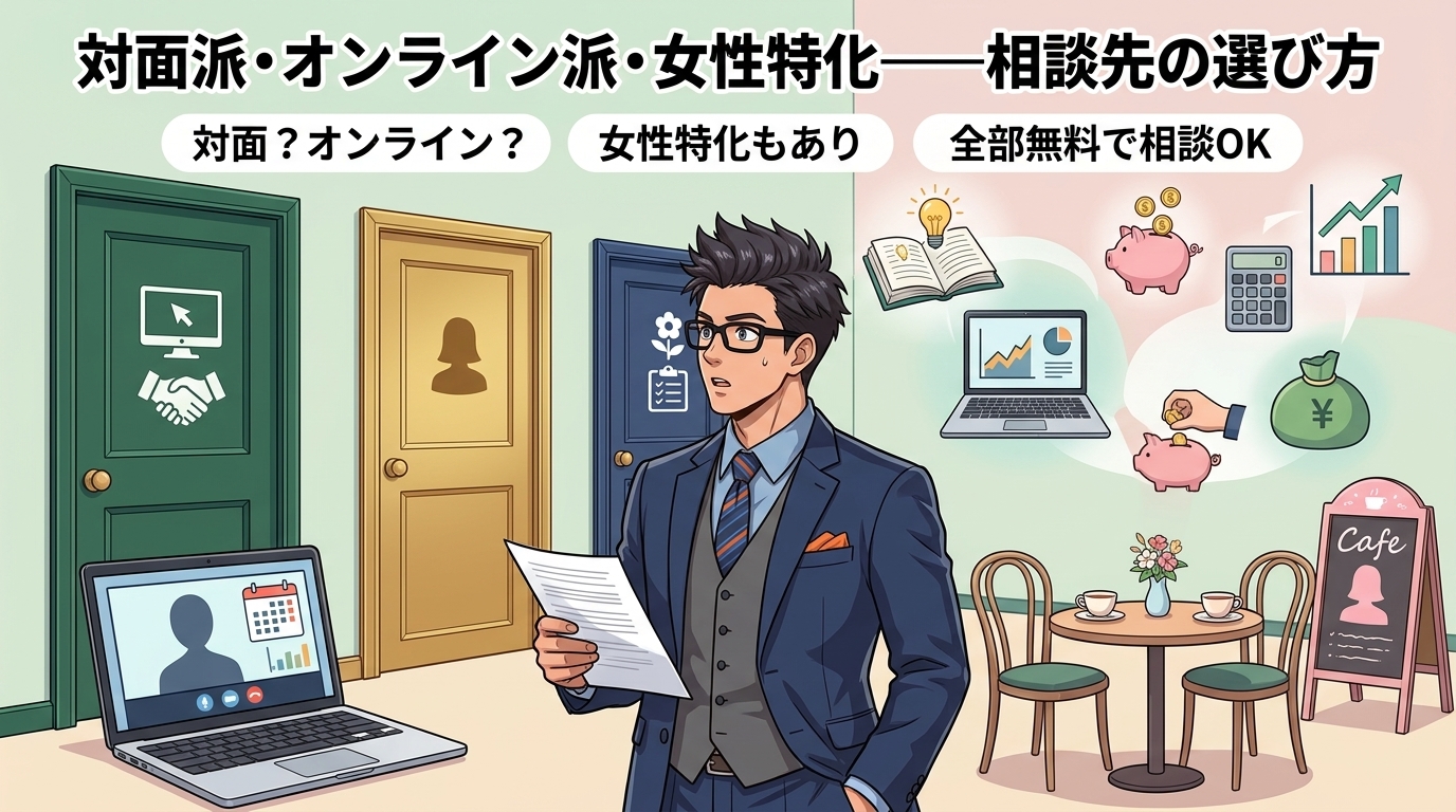 あなたに合うFP相談、見つかるについて対面?オンライン?や女性特化もありや全部無料で相談OKなどの要素を描いたイラスト