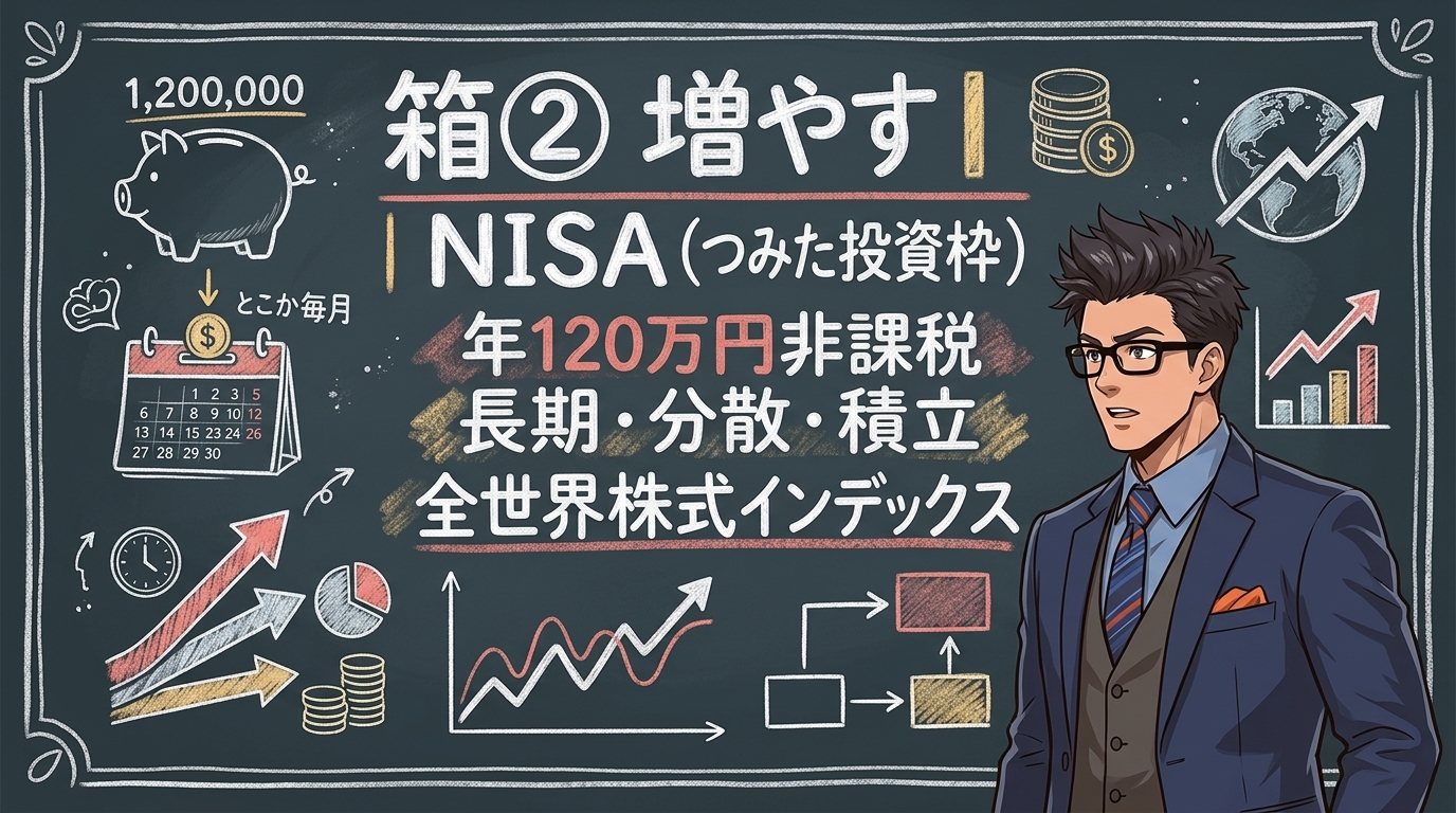 月1万円から未来が変わるについて年120万円非課税や長期・分散・積立や全世界株式インデックスなどの要素を描いたイラスト