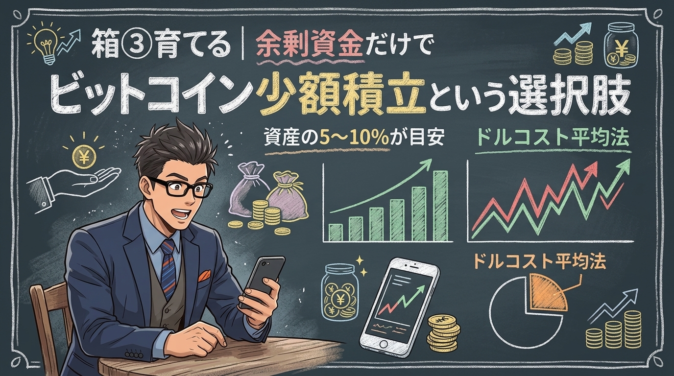 数百円から始める投資について余剰資金だけでや資産の5〜10%が目安やドルコスト平均法などの要素を描いたイラスト