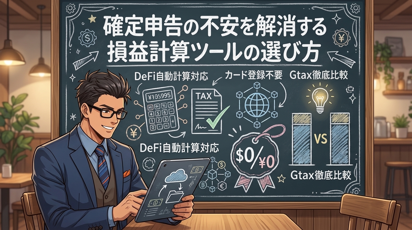 無料で始める仮想通貨の確定申告についてDeFi自動計算対応やカード登録不要やGtax徹底比較などの要素を描いたイラスト