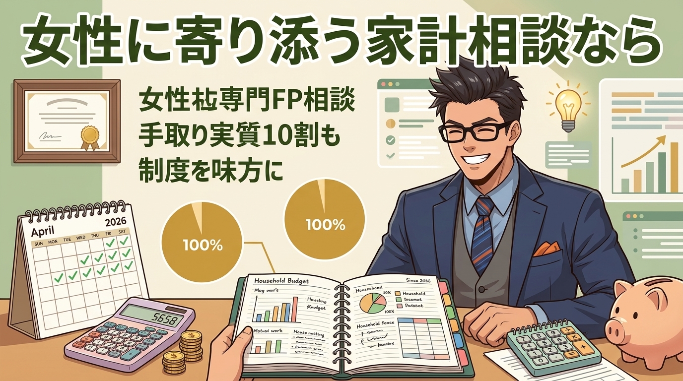 お金の不安、一人で抱えてない?について女性専門FP相談や手取り実質10割もや制度を味方になどの要素を描いたイラスト