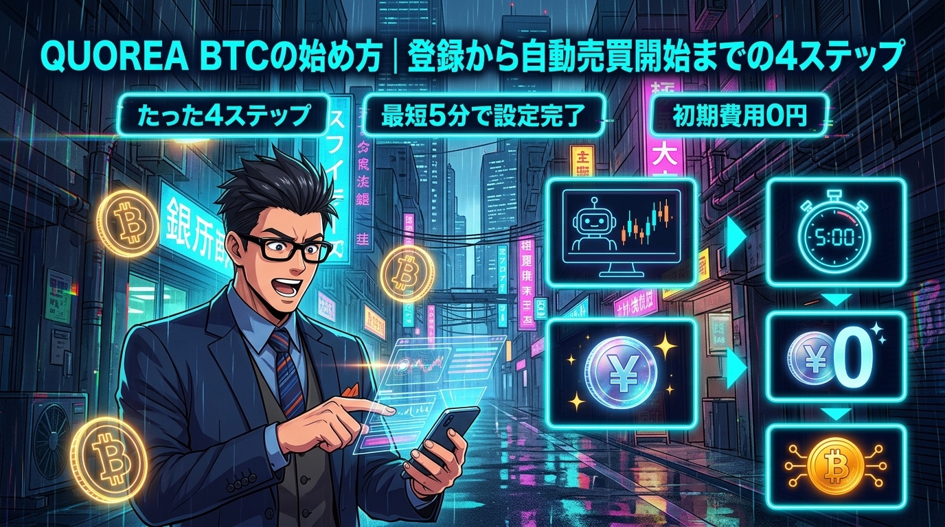 初期費用ゼロ、5分で自動売買デビューについてたった4ステップや最短5分で設定完了や初期費用0円などの要素を描いたイラスト