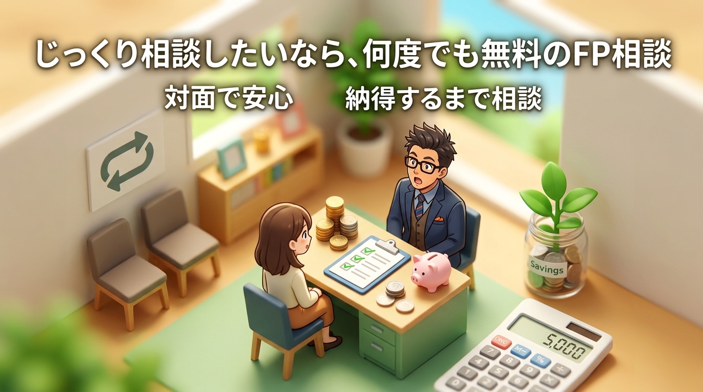 何度でも無料について対面で安心や納得するまで相談などの要素を描いたイラスト