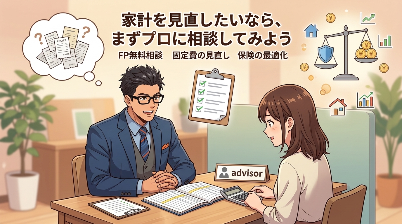家計の悩み、一人で抱えていませんか?についてFP無料相談や固定費の見直しや保険の最適化などの要素を描いたイラスト