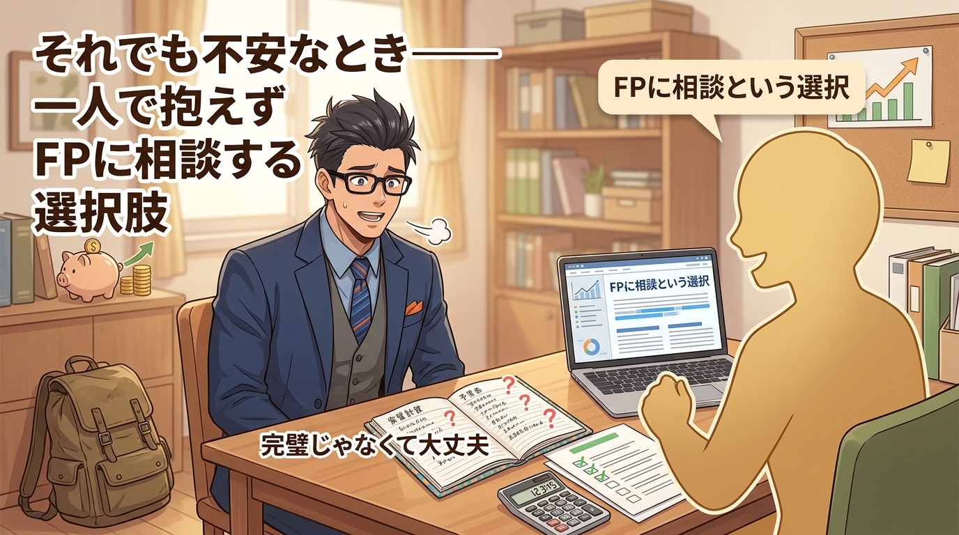 一人で抱え込まなくていいについてFPに相談という選択や完璧じゃなくて大丈夫などの要素を描いたイラスト
