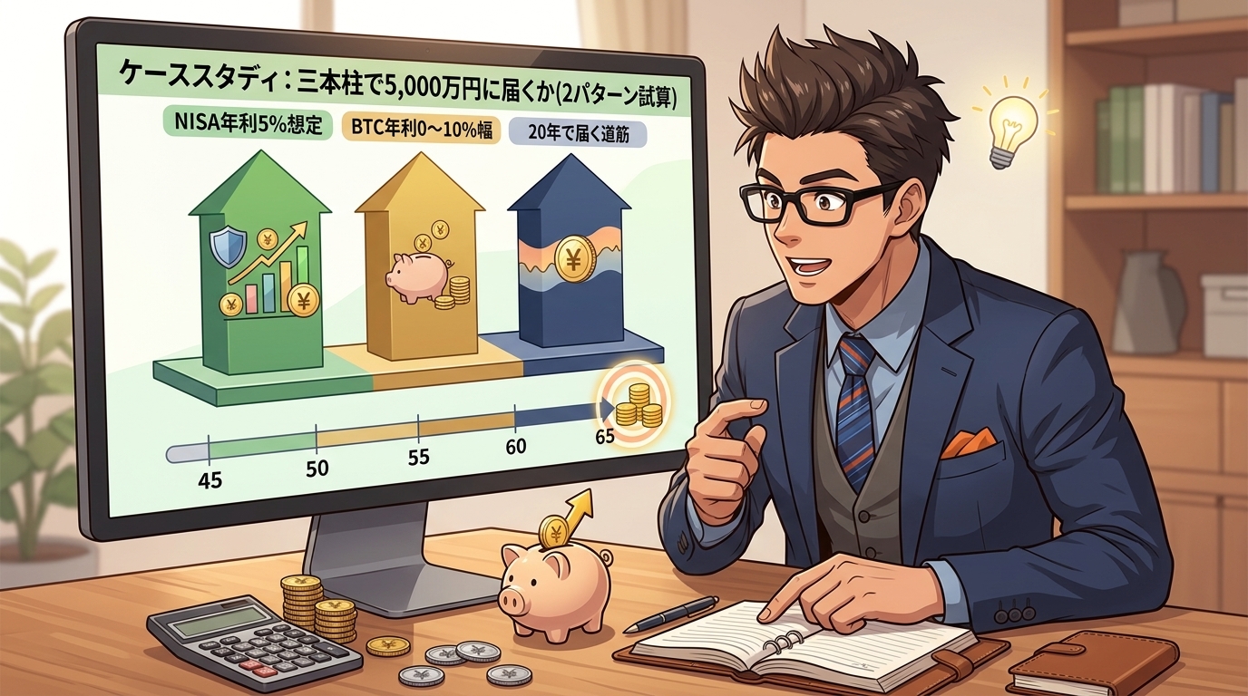届くか、5000万についてNISA年利5%想定やBTC年利0〜10%幅や20年で届く道筋などの要素を描いたイラスト