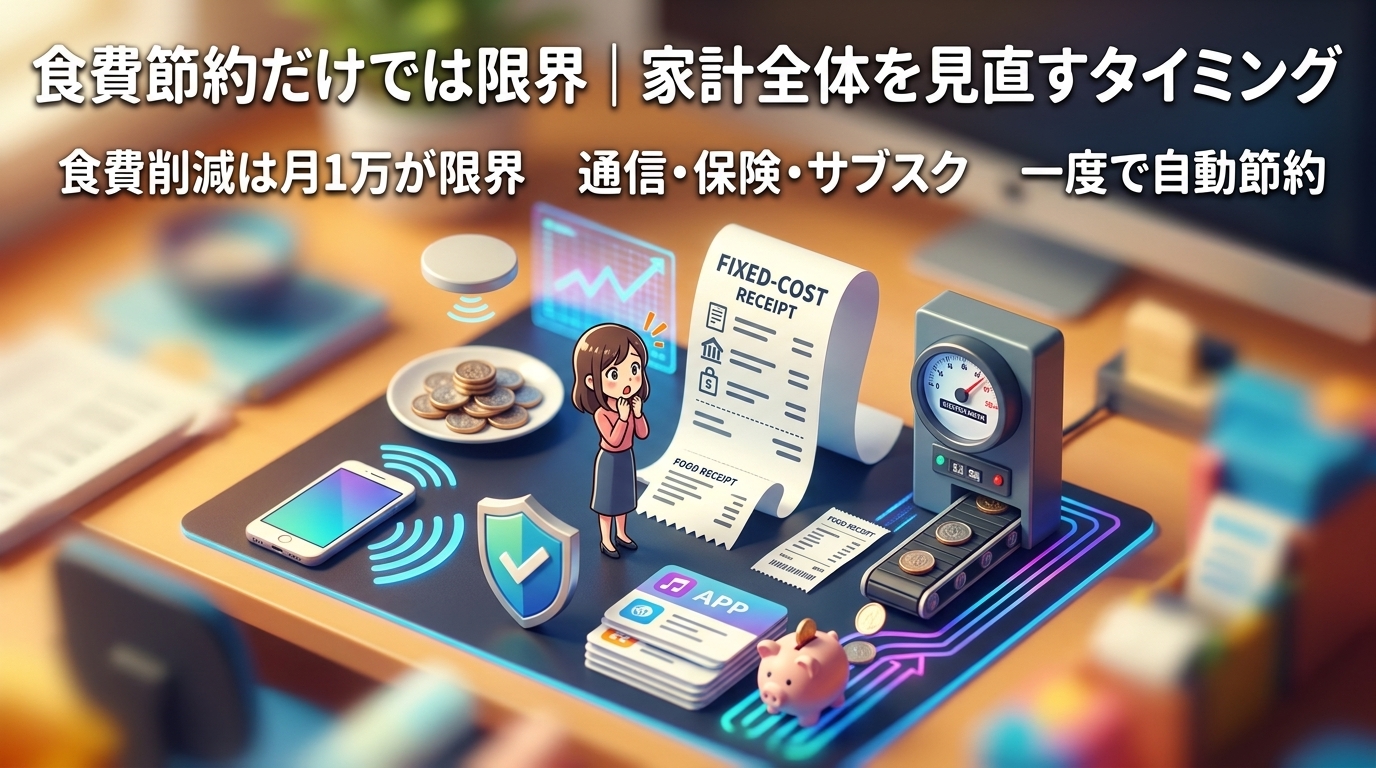 固定費が本丸について食費削減は月1万が限界や通信・保険・サブスクや一度で自動節約などの要素を描いたイラスト
