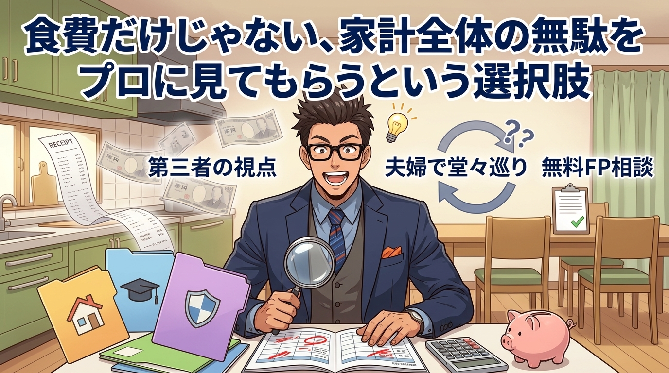 見えない支出の正体について第三者の視点や夫婦で堂々巡りや無料FP相談などの要素を描いたイラスト