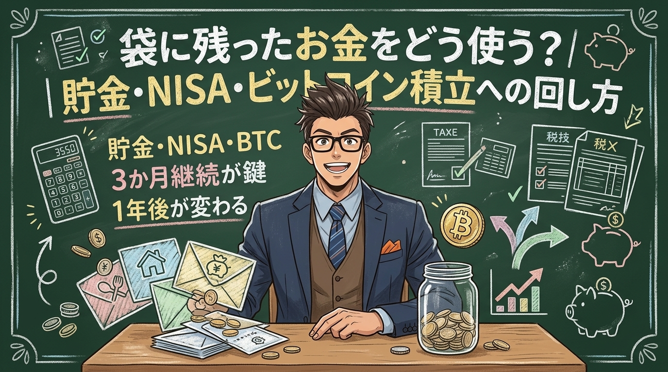残ったお金の行き先について貯金・NISA・BTCや3か月継続が鍵や1年後が変わるなどの要素を描いたイラスト