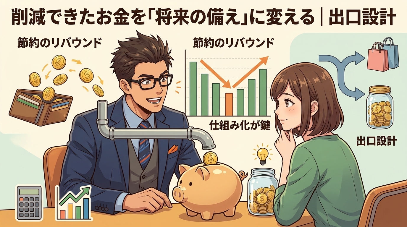 浮いたお金の行き先について節約のリバウンドや仕組み化が鍵や出口設計などの要素を描いたイラスト