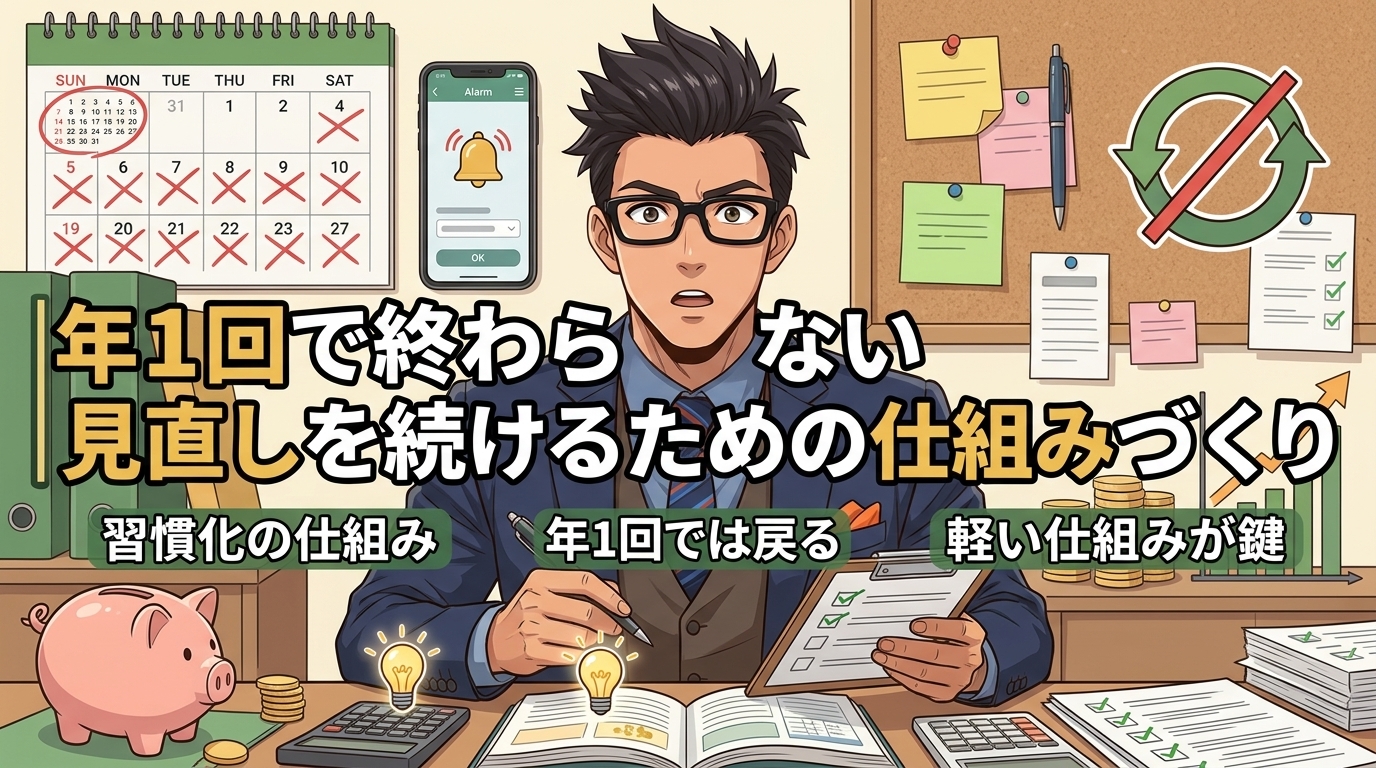 整理して満足、していませんか?について習慣化の仕組みや年1回では戻るや軽い仕組みが鍵などの要素を描いたイラスト