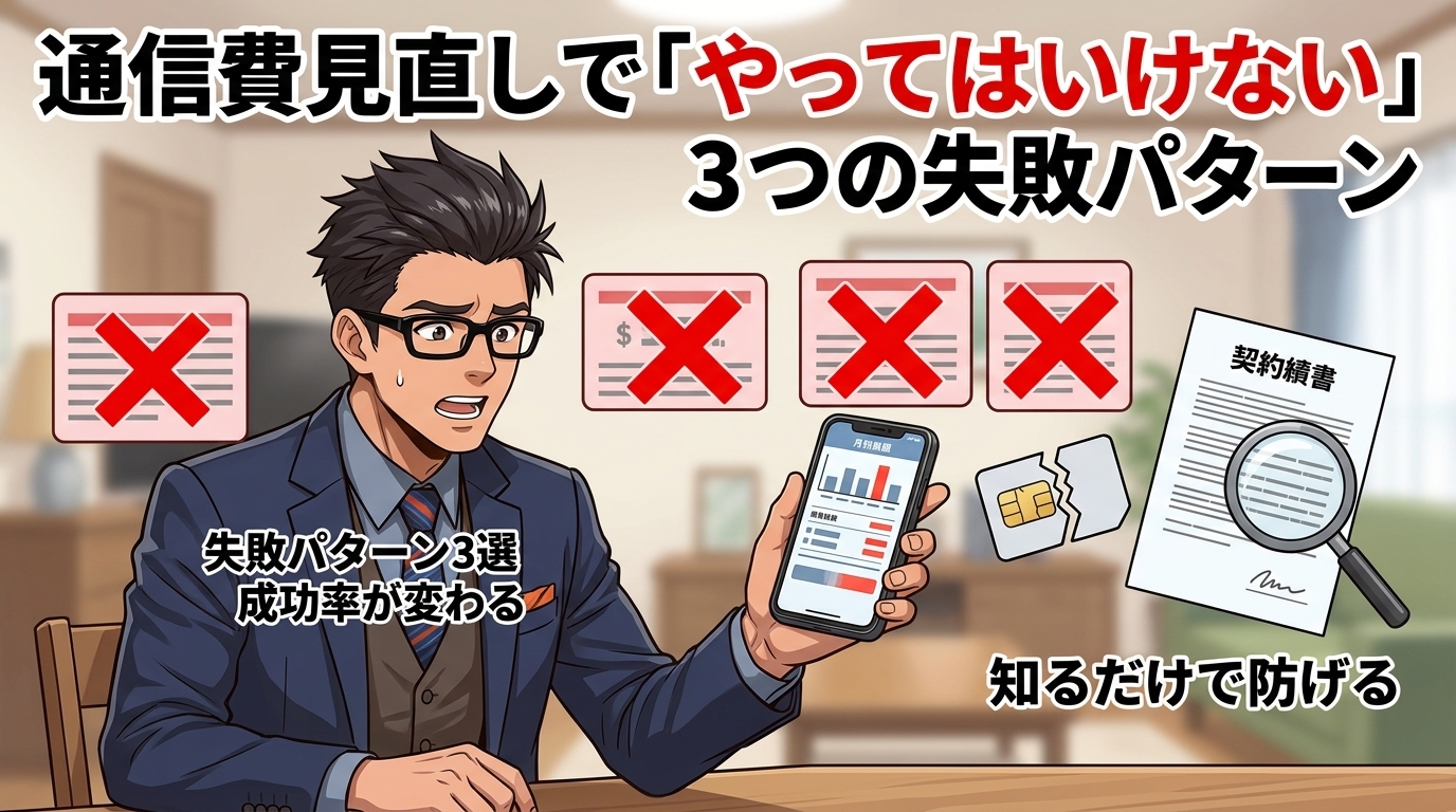 その見直し、逆効果かもについて失敗パターン3選や成功率が変わるや知るだけで防げるなどの要素を描いたイラスト