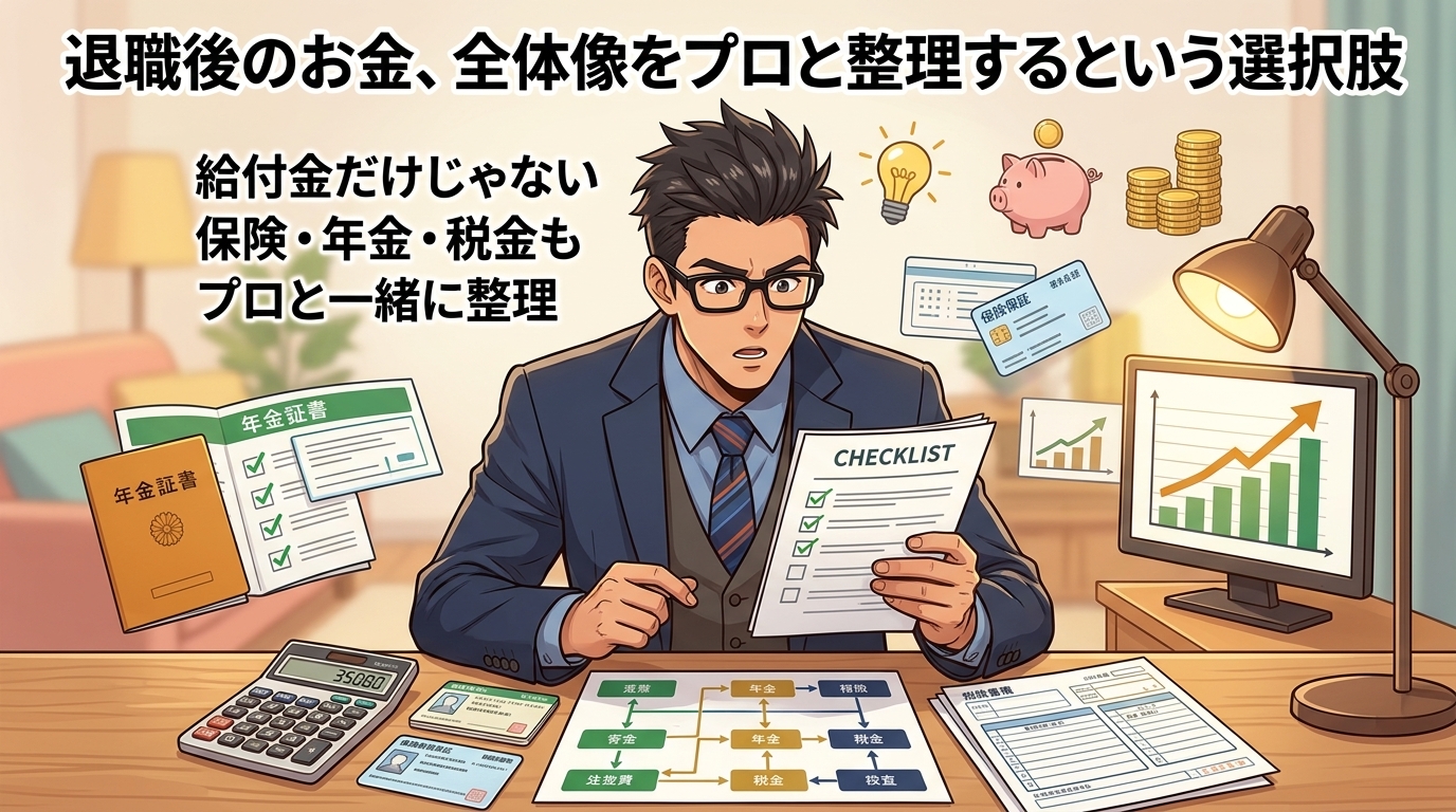 退職後の不安、丸投げでいいについて給付金だけじゃないや保険・年金・税金もやプロと一緒に整理などの要素を描いたイラスト