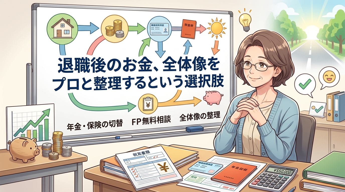 退職後、頼れる味方について年金・保険の切替やFP無料相談や全体像の整理などの要素を描いたイラスト