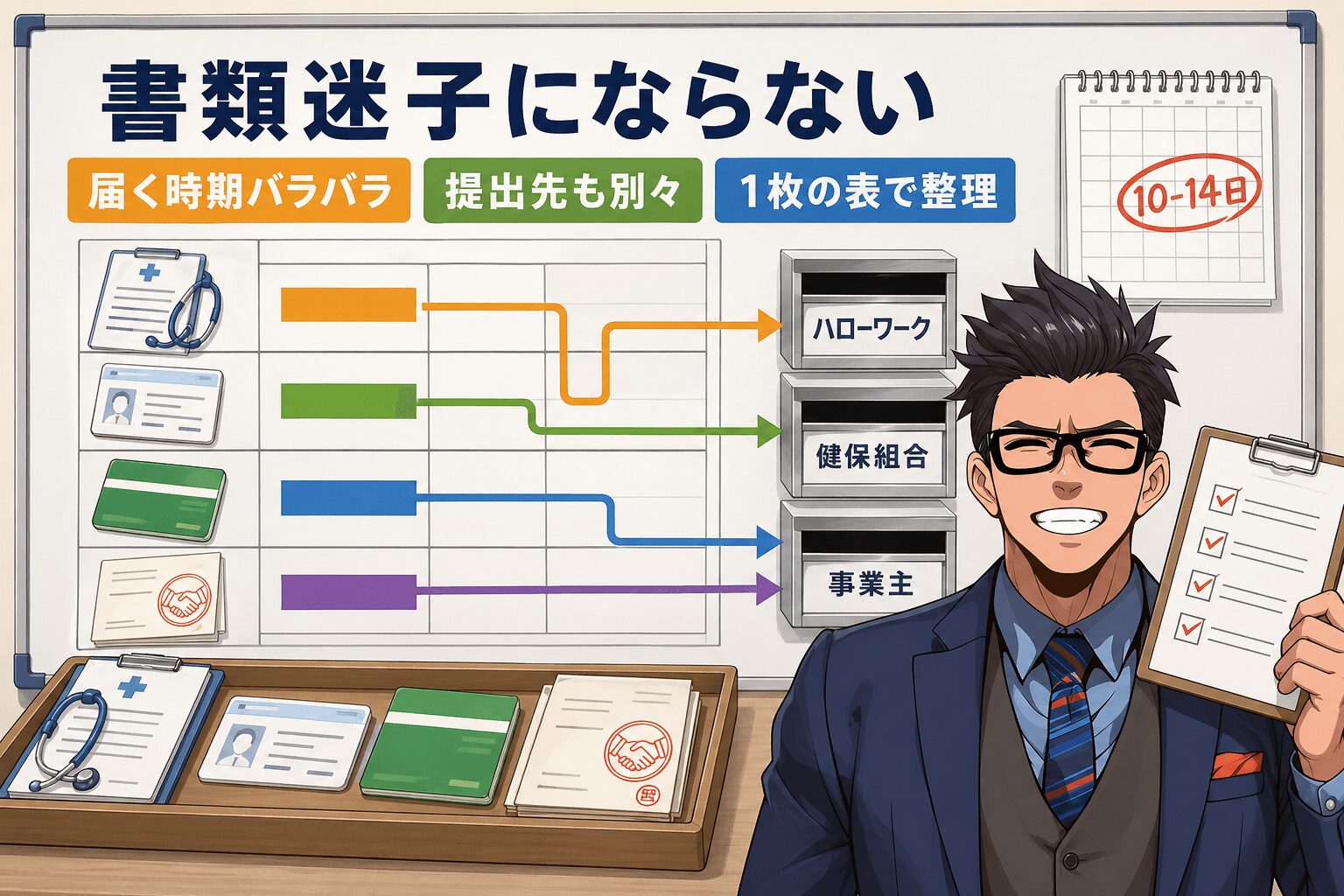 書類迷子にならないについて届く時期バラバラや提出先も別々や1枚の表で整理などの要素を描いたイラスト