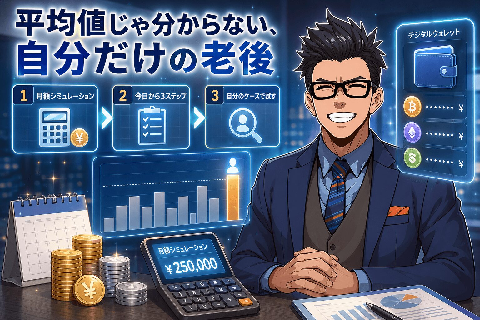 平均値じゃ分からない、自分だけの老後について月額シミュレーションや今日から3ステップや自分のケースで試すなどの要素を描いたイラスト