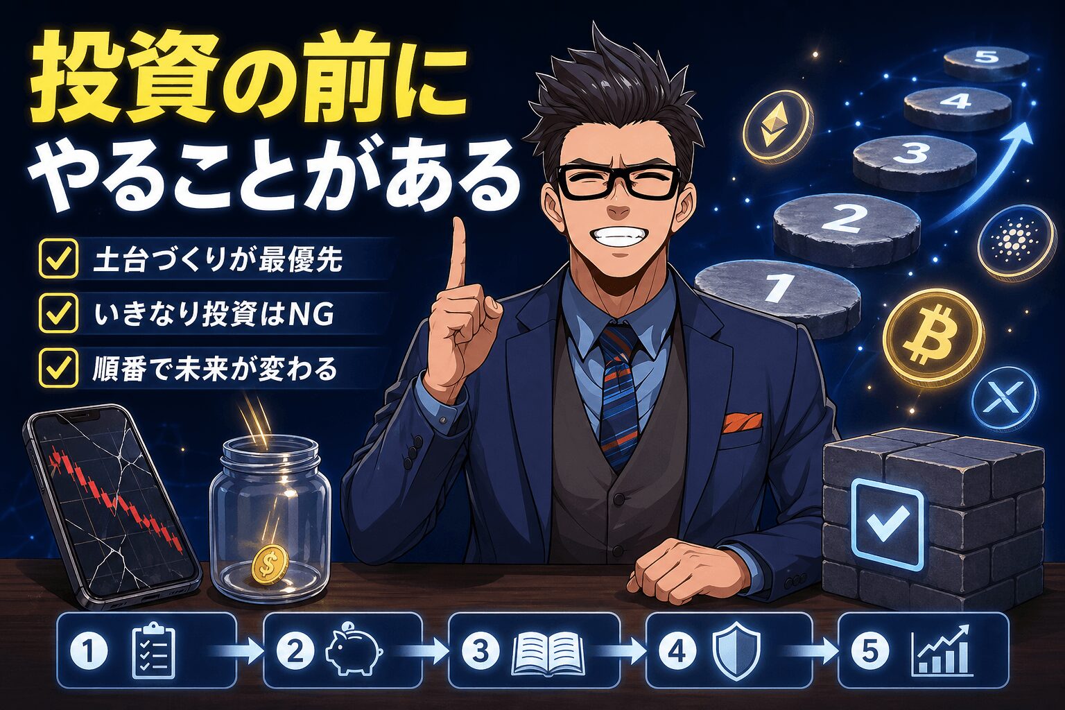投資の前にやることがあるについて土台づくりが最優先やいきなり投資はNGや順番で未来が変わるなどの要素を描いたイラスト