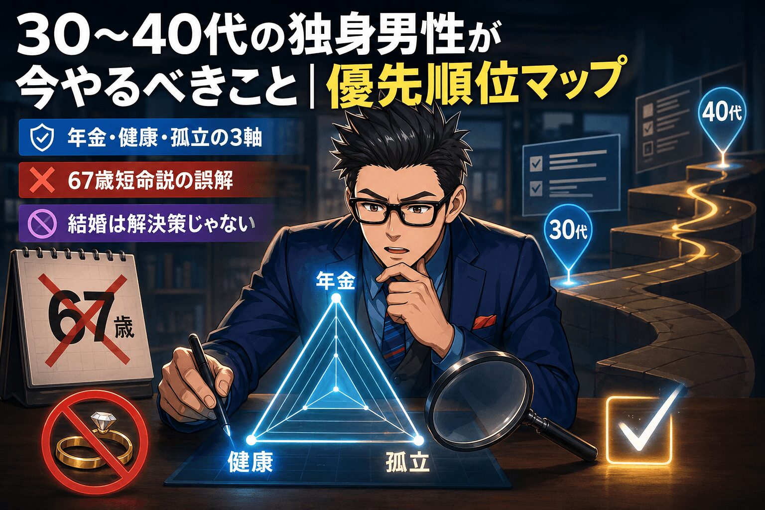 全部やらなくていい、弱点だけ潰せについて年金・健康・孤立の3軸や67歳短命説の誤解や結婚は解決策じゃないなどの要素を描いたイラスト