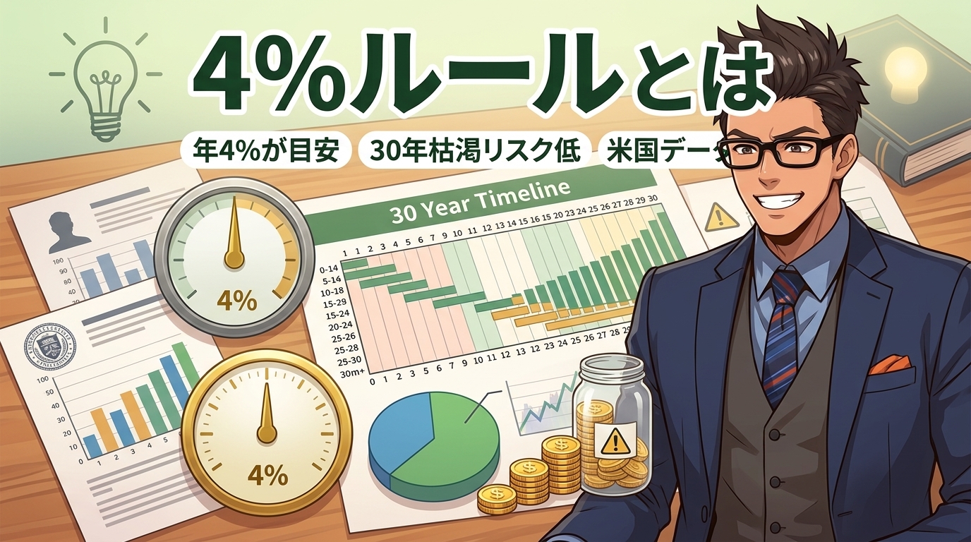 取り崩しの黄金比について年4%が目安や30年枯渇リスク低や米国データ前提などの要素を描いたイラスト