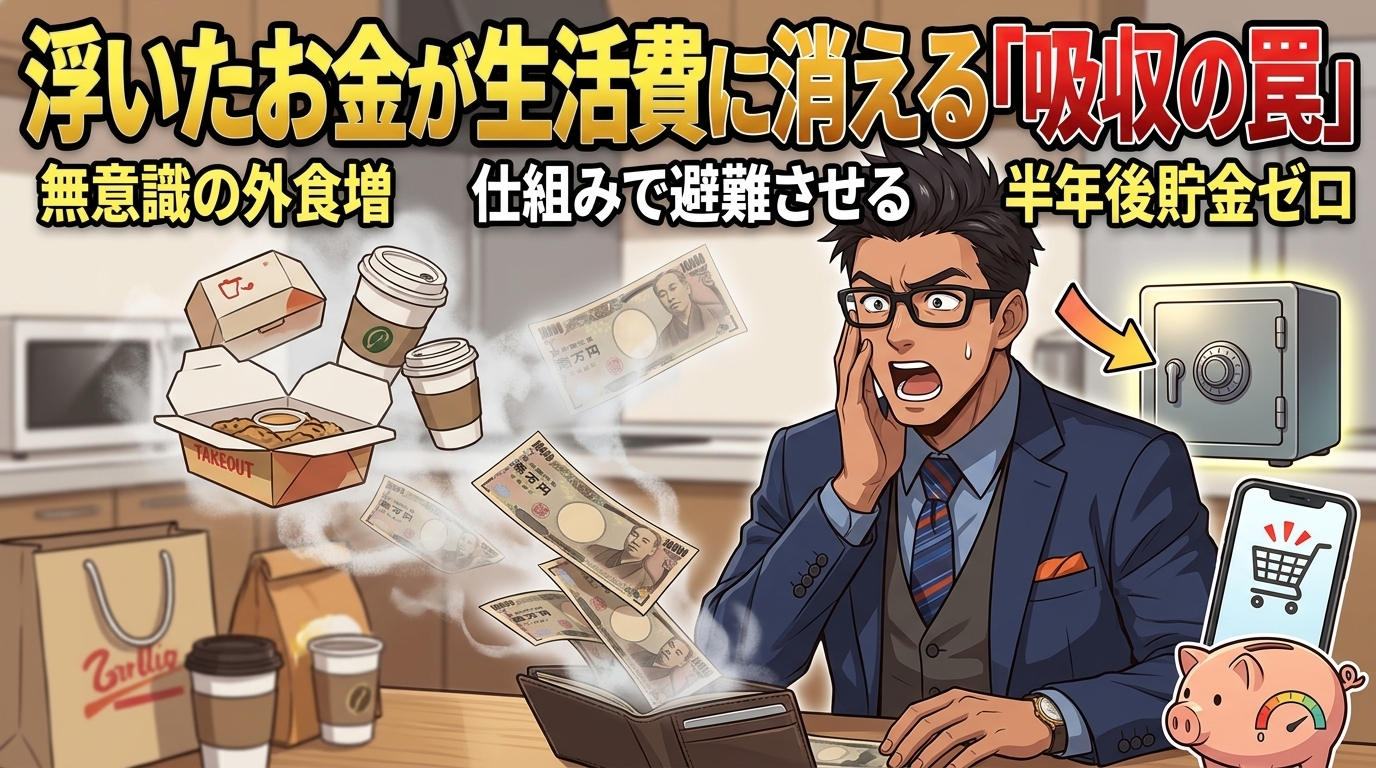 浮いた1万円の行方について無意識の外食増や仕組みで避難させるや半年後貯金ゼロなどの要素を描いたイラスト