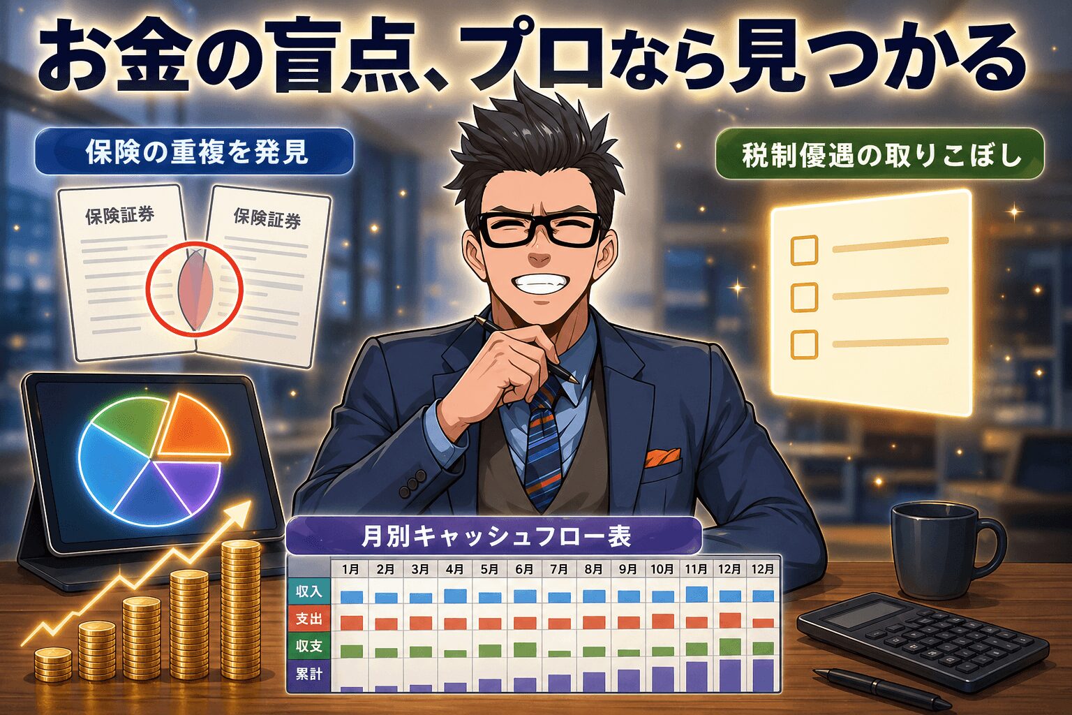 お金の盲点、プロなら見つかるについて保険の重複を発見や税制優遇の取りこぼしや月別キャッシュフロー表などの要素を描いたイラスト