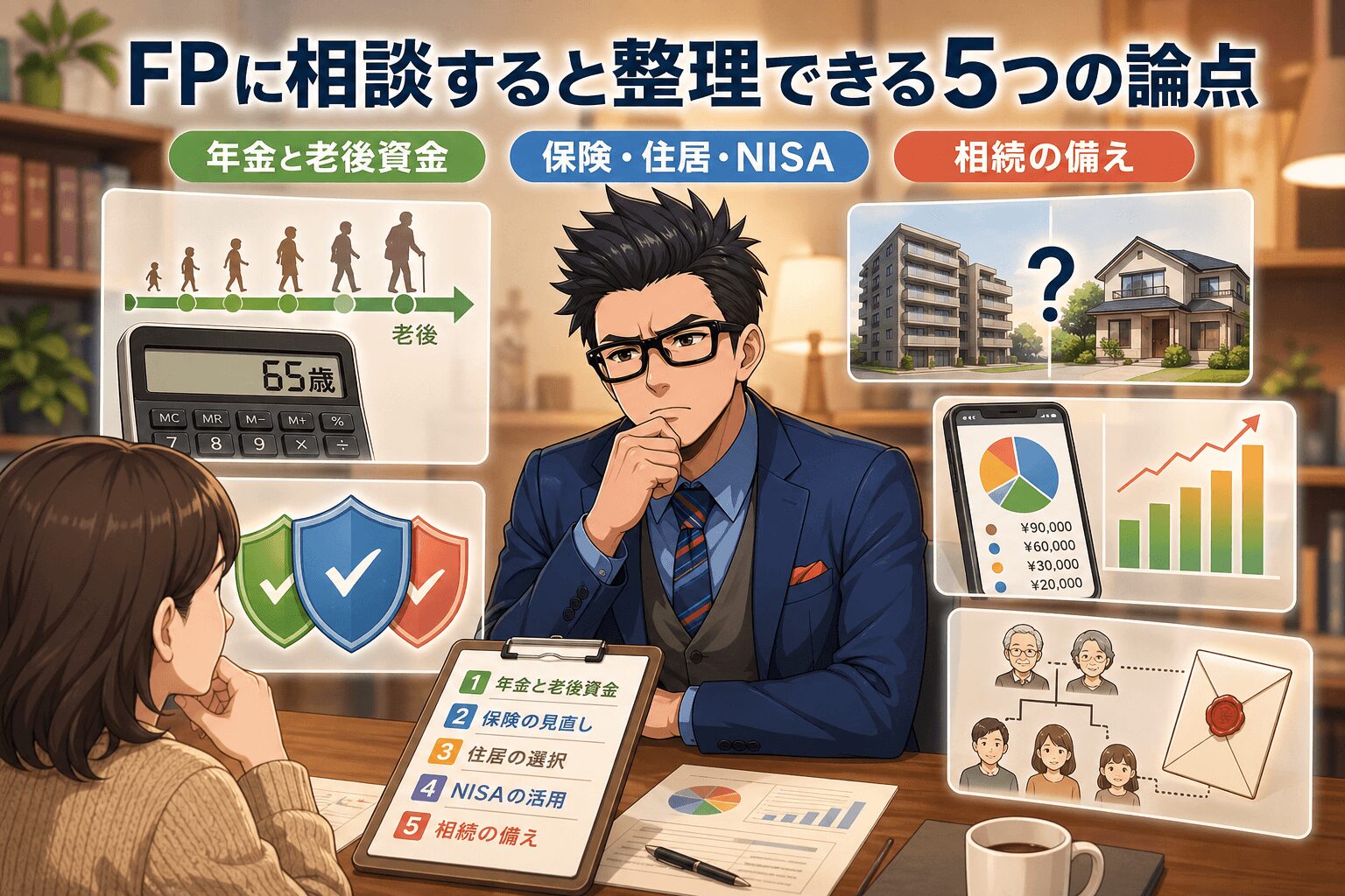 お金の不安、一人で抱えてない?について年金と老後資金や保険・住居・NISAや相続の備えなどの要素を描いたイラスト