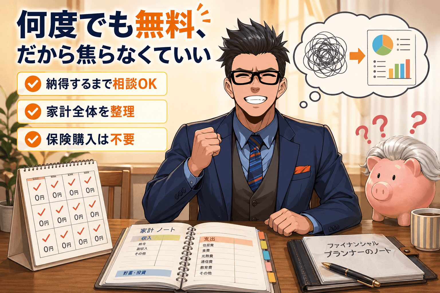何度でも無料、だから焦らなくていいについて納得するまで相談OKや家計全体を整理や保険購入は不要などの要素を描いたイラスト