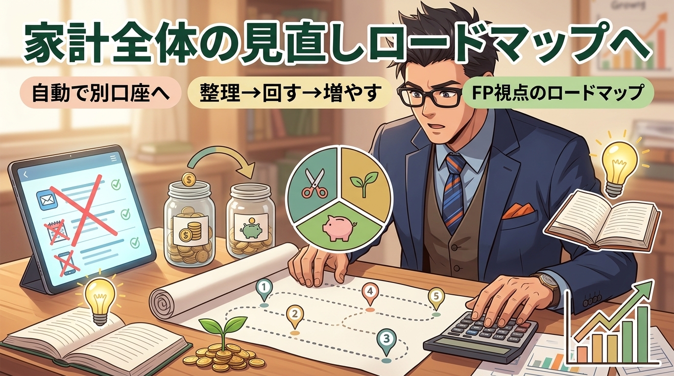 浮いた小銭が未来を変えるについて自動で別口座へや整理→回す→増やすやFP視点のロードマップなどの要素を描いたイラスト