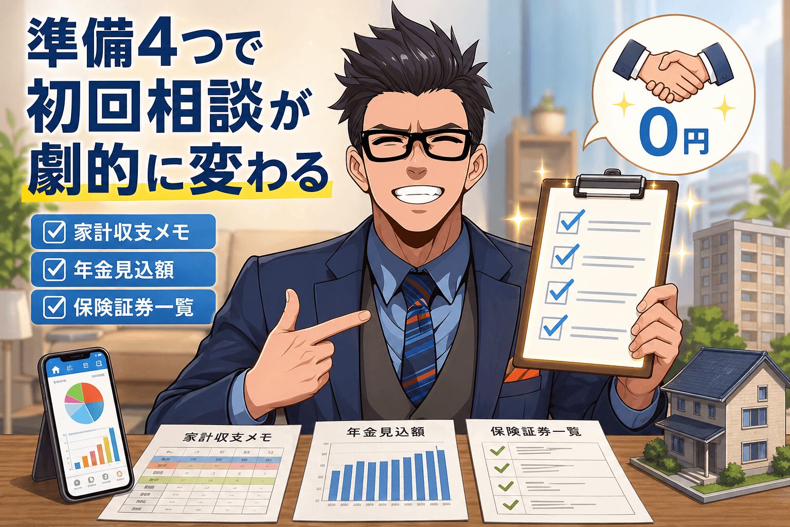 準備4つで初回相談が劇的に変わるについて家計収支メモや年金見込額や保険証券一覧などの要素を描いたイラスト