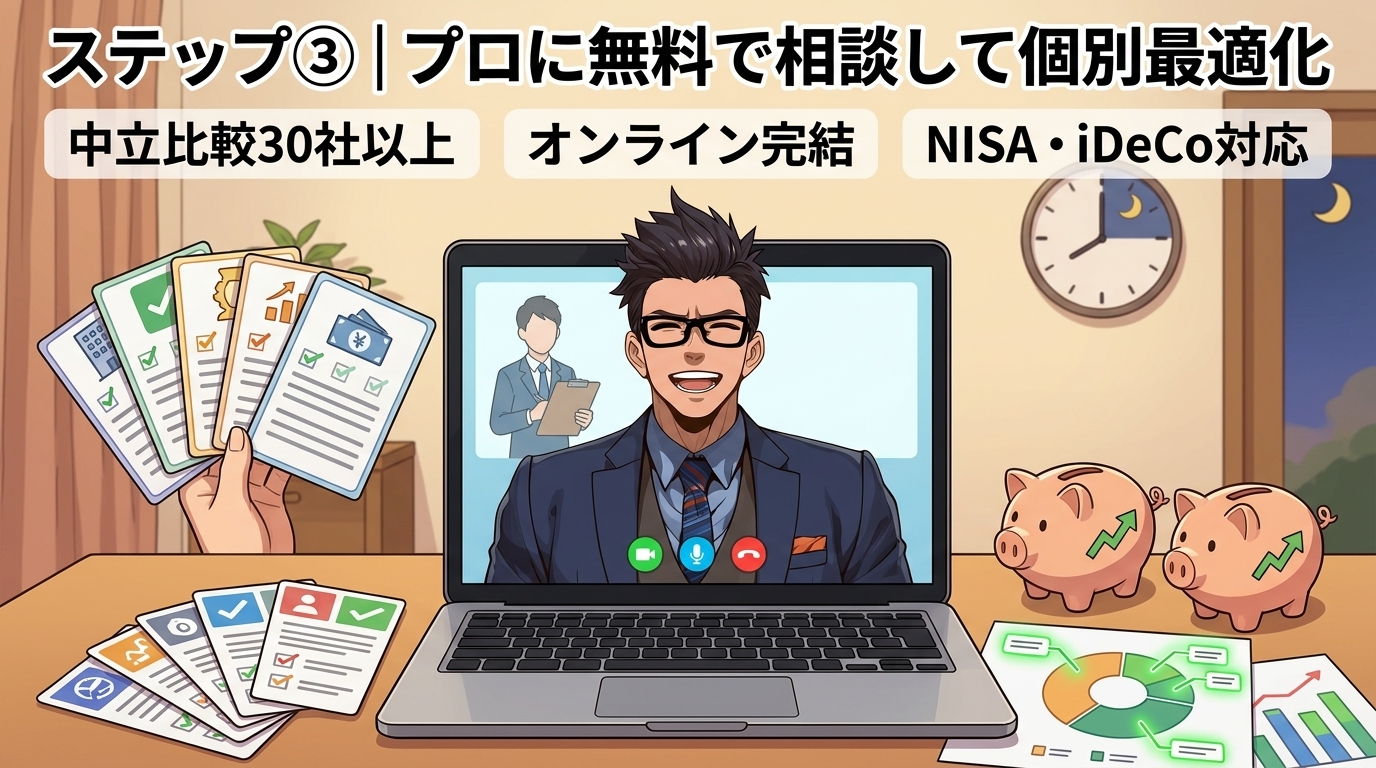 プロに聞く安心感について中立的なアドバイスや国家資格FPやNISA・iDeCo対応などの要素を描いたイラスト