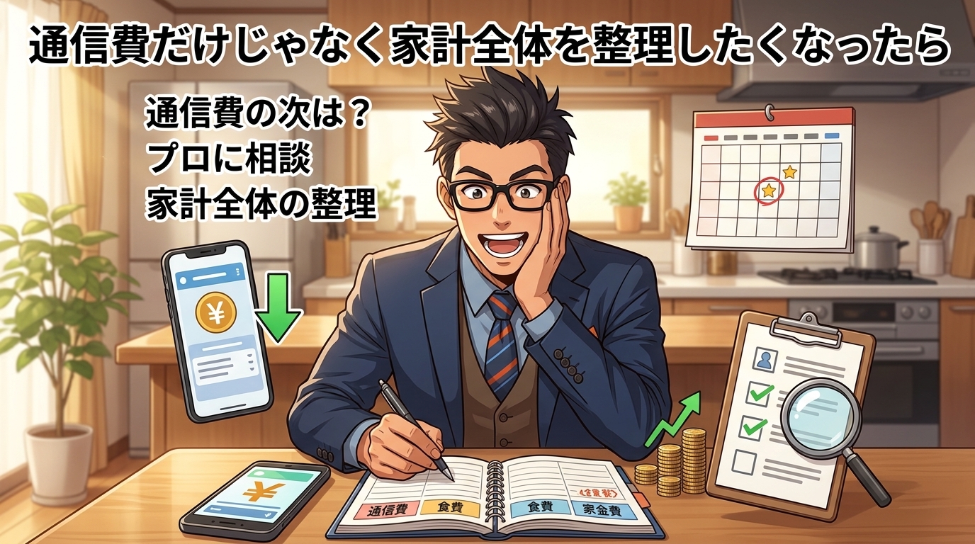 家計、丸ごと見直すについて通信費の次は?やプロに相談や家計全体の整理などの要素を描いたイラスト