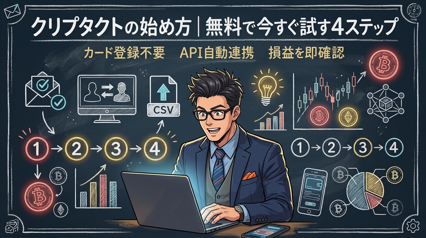 数分で損益がわかるって本当?についてカード登録不要やAPI自動連携や損益を即確認などの要素を描いたイラスト