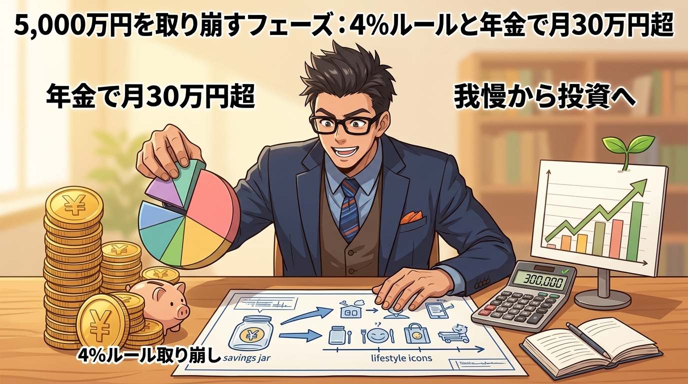 貯めた後の設計図について4%ルール取り崩しや年金で月30万円超や我慢から投資へなどの要素を描いたイラスト