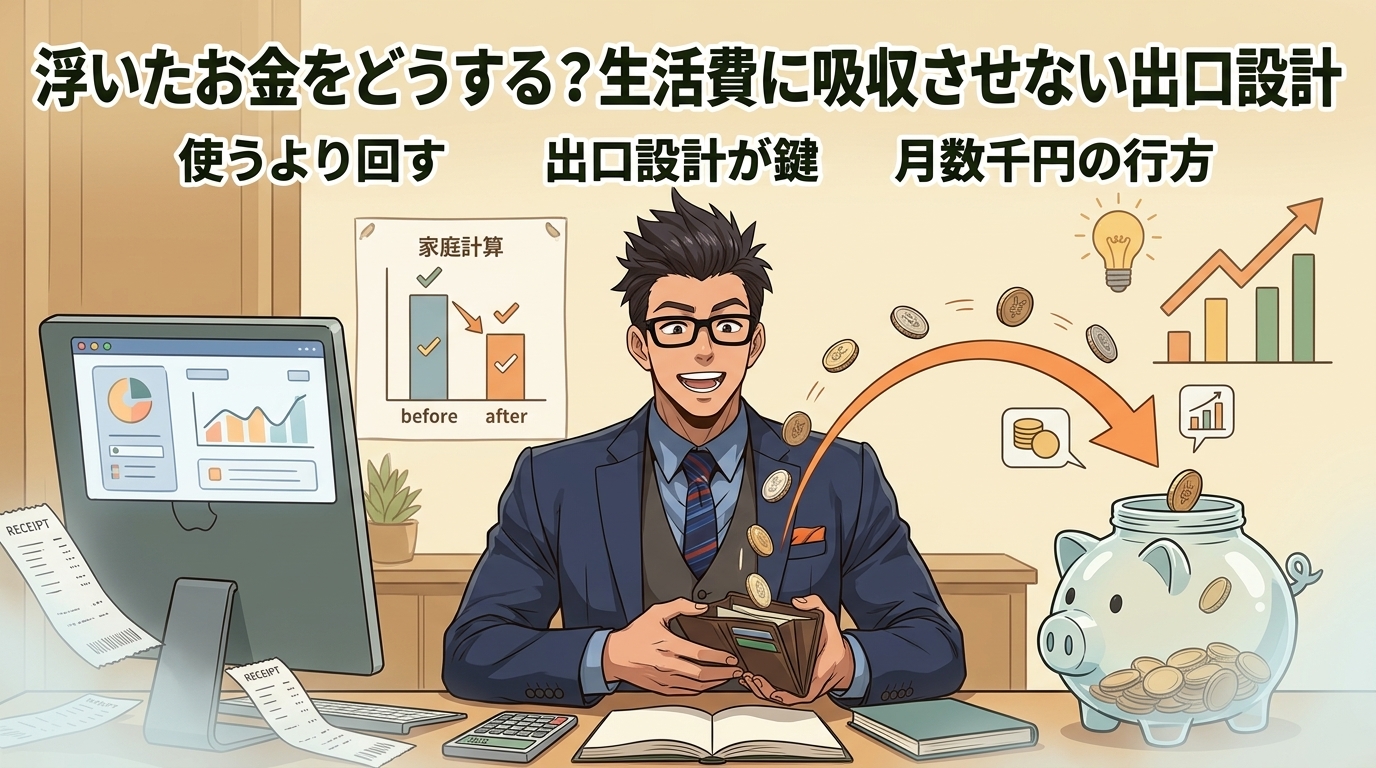 浮いたお金、気づけば消えていませんか?について使うより回すや出口設計が鍵や月数千円の行方などの要素を描いたイラスト