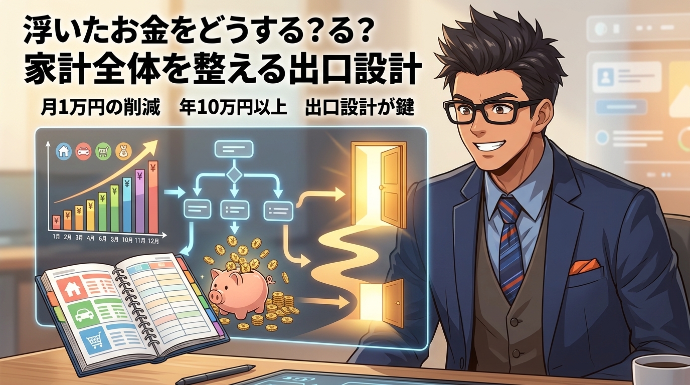 浮いた金の行き先について月1万円の削減や年10万円以上や出口設計が鍵などの要素を描いたイラスト
