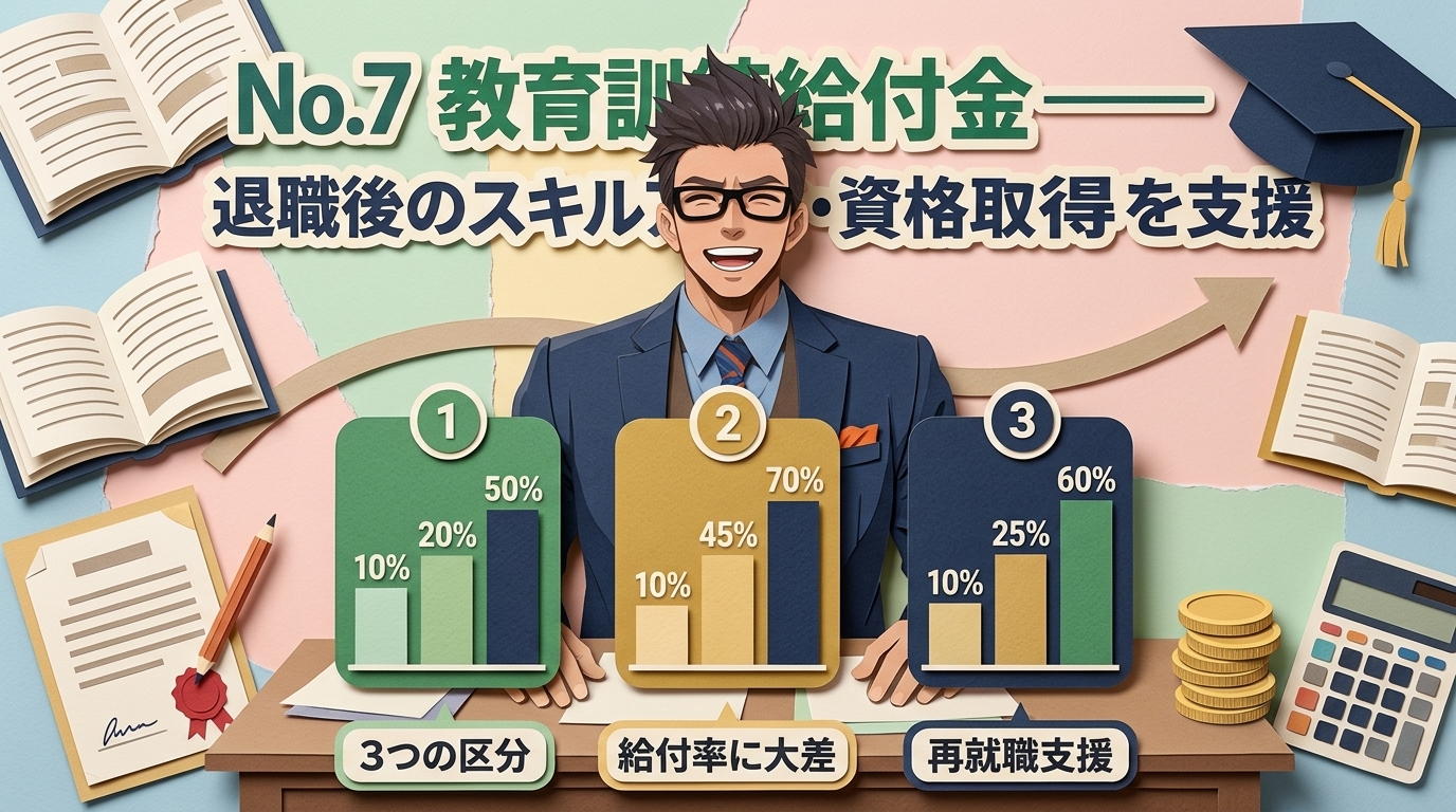 学び直しの味方について3つの区分や給付率に大差や再就職支援などの要素を描いたイラスト