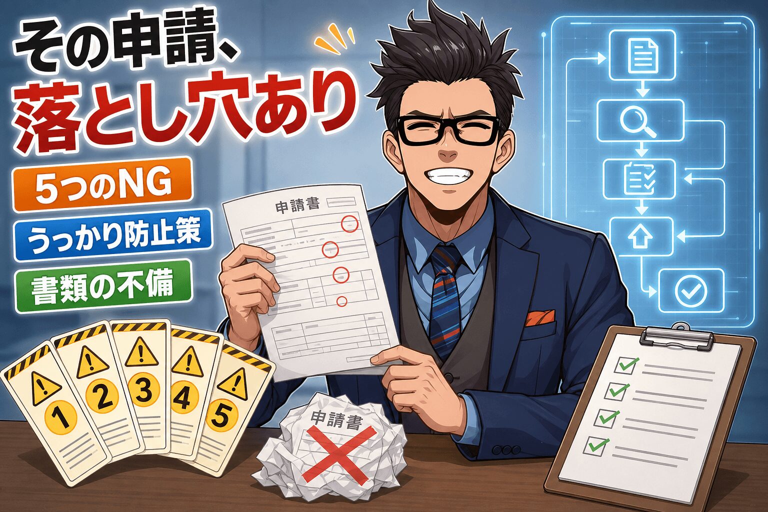 その申請、落とし穴ありについて5つのNGやうっかり防止策や書類の不備などの要素を描いたイラスト
