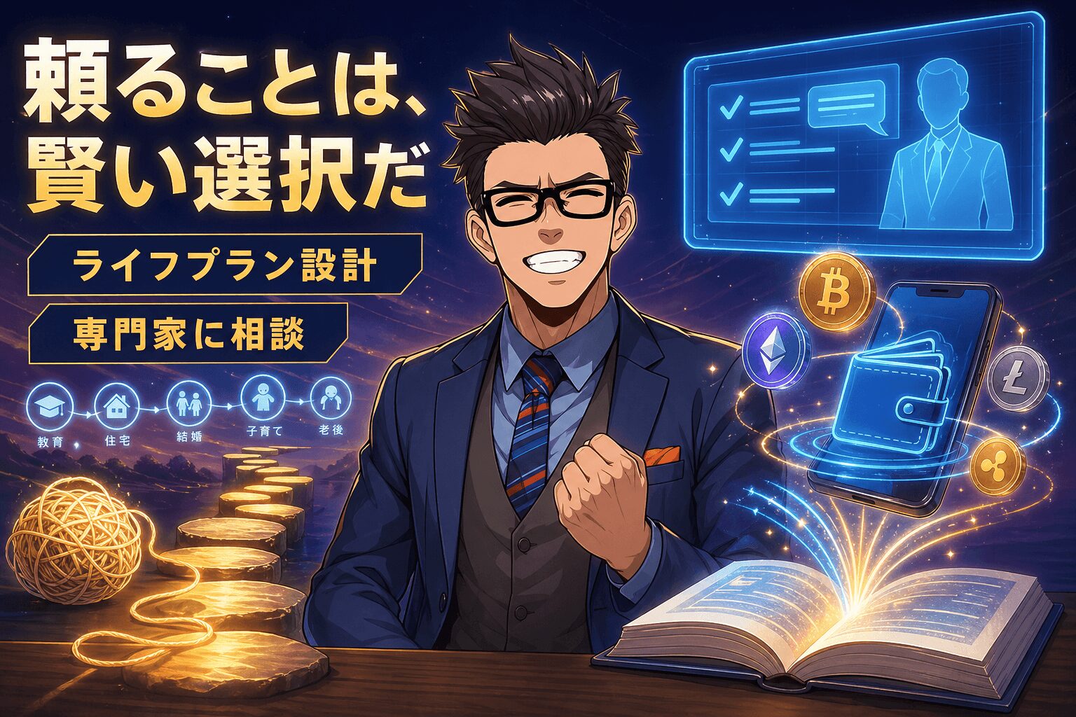 頼ることは、賢い選択だについてライフプラン設計や専門家に相談などの要素を描いたイラスト