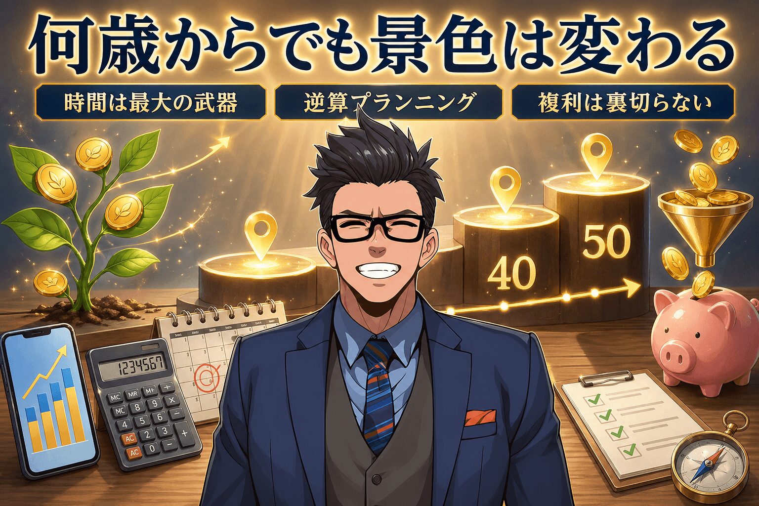 何歳からでも景色は変わるについて時間は最大の武器や逆算プランニングや複利は裏切らないなどの要素を描いたイラスト