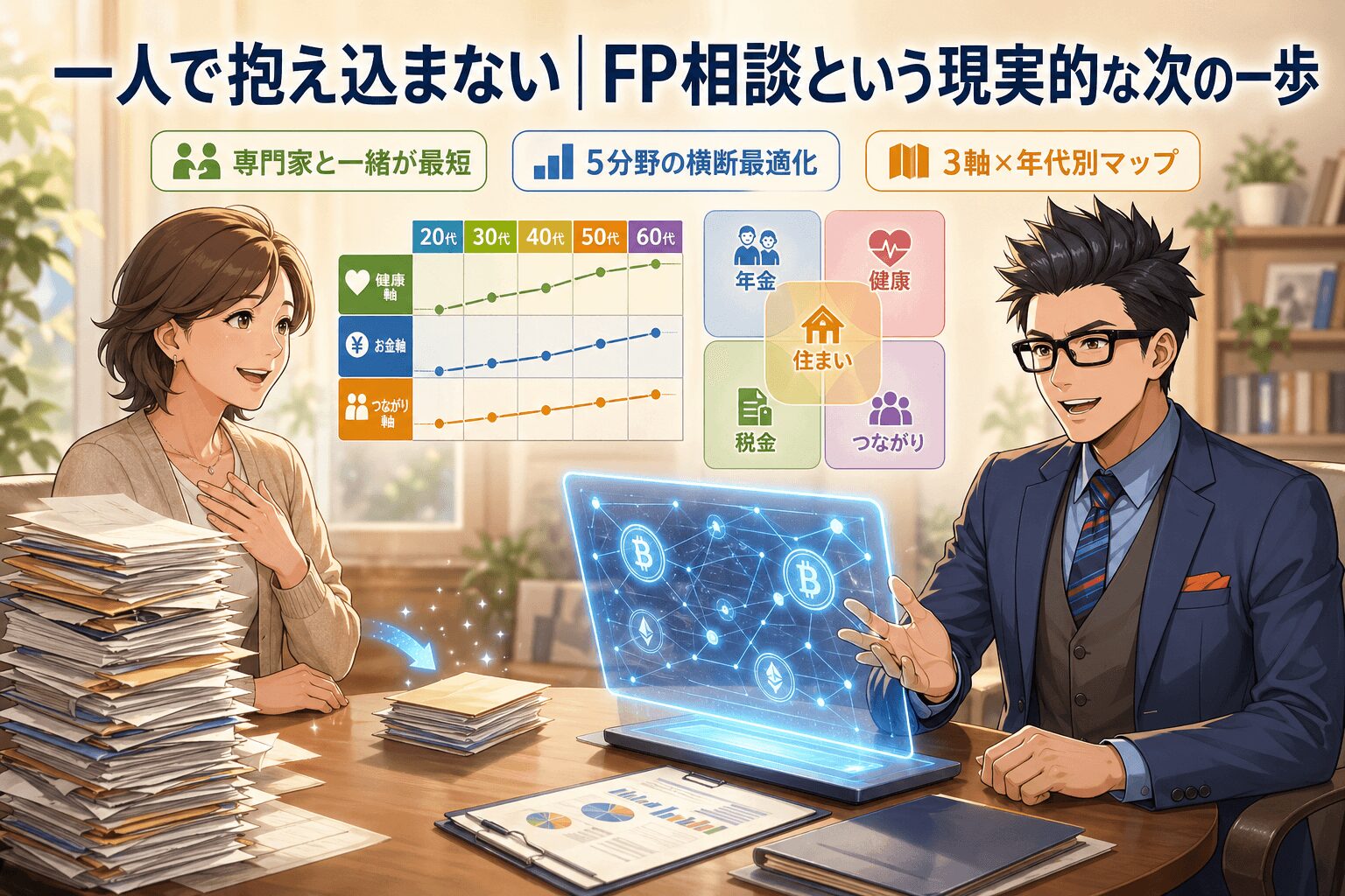 全部ひとりでやる必要、ないんですについて専門家と一緒が最短や5分野の横断最適化や3軸×年代別マップなどの要素を描いたイラスト