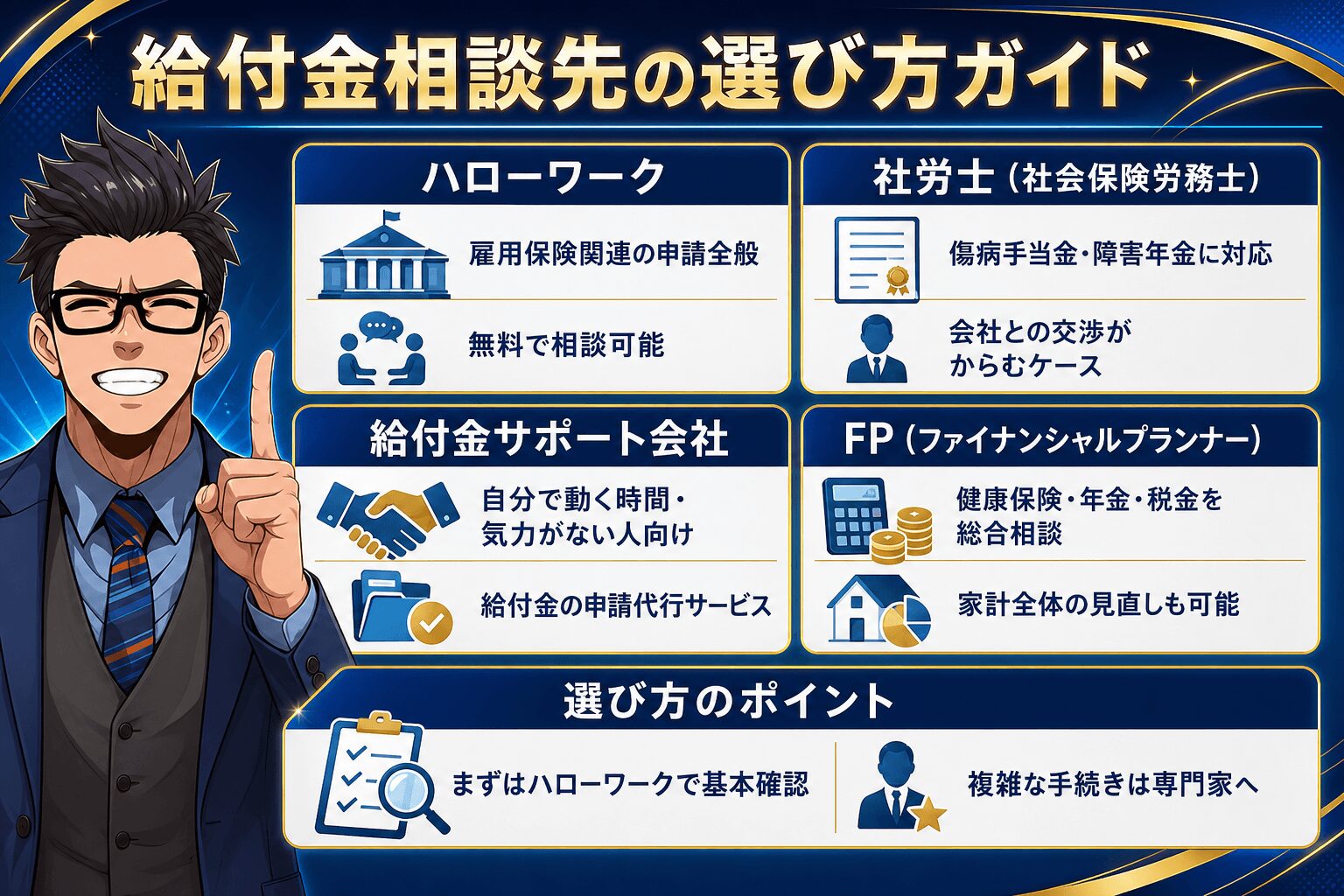 給付金相談先の選び方ガイドを説明するイラスト