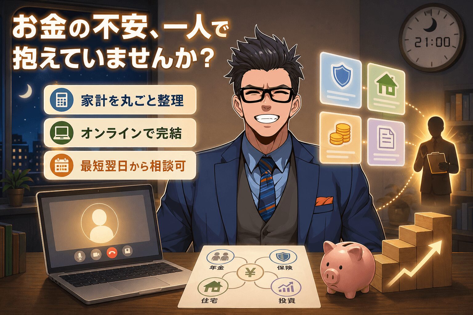 お金の不安、一人で抱えていませんか?について家計を丸ごと整理や対面でじっくり相談やナットクできるまで無料などの要素を描いたイラスト