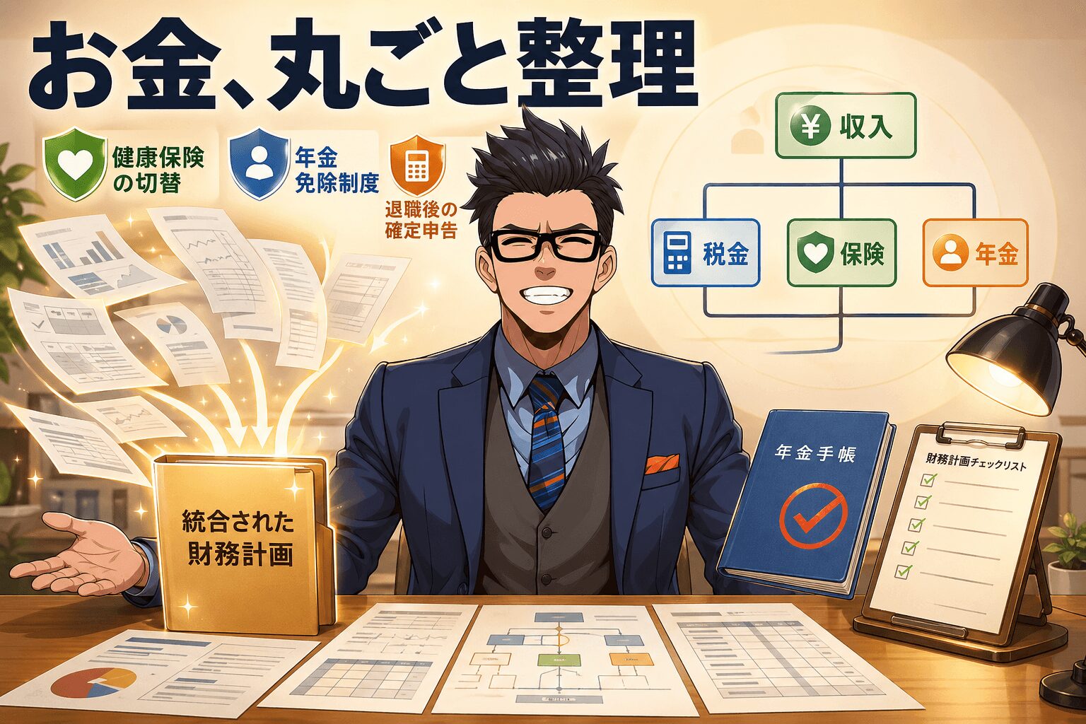 お金、丸ごと整理について健康保険の切替や年金免除制度や退職後の確定申告などの要素を描いたイラスト